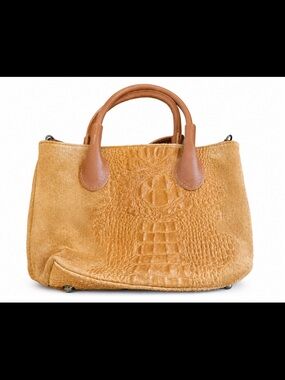 Italian Leather Croc Embossed Tan Satchel Top Handle Bag Made in Italy